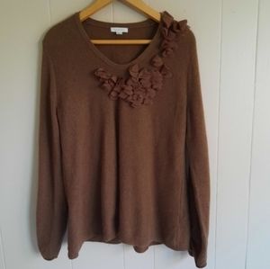 Garnet Hill Cashmere Sweater v-neck A-line floral appliques brown M
